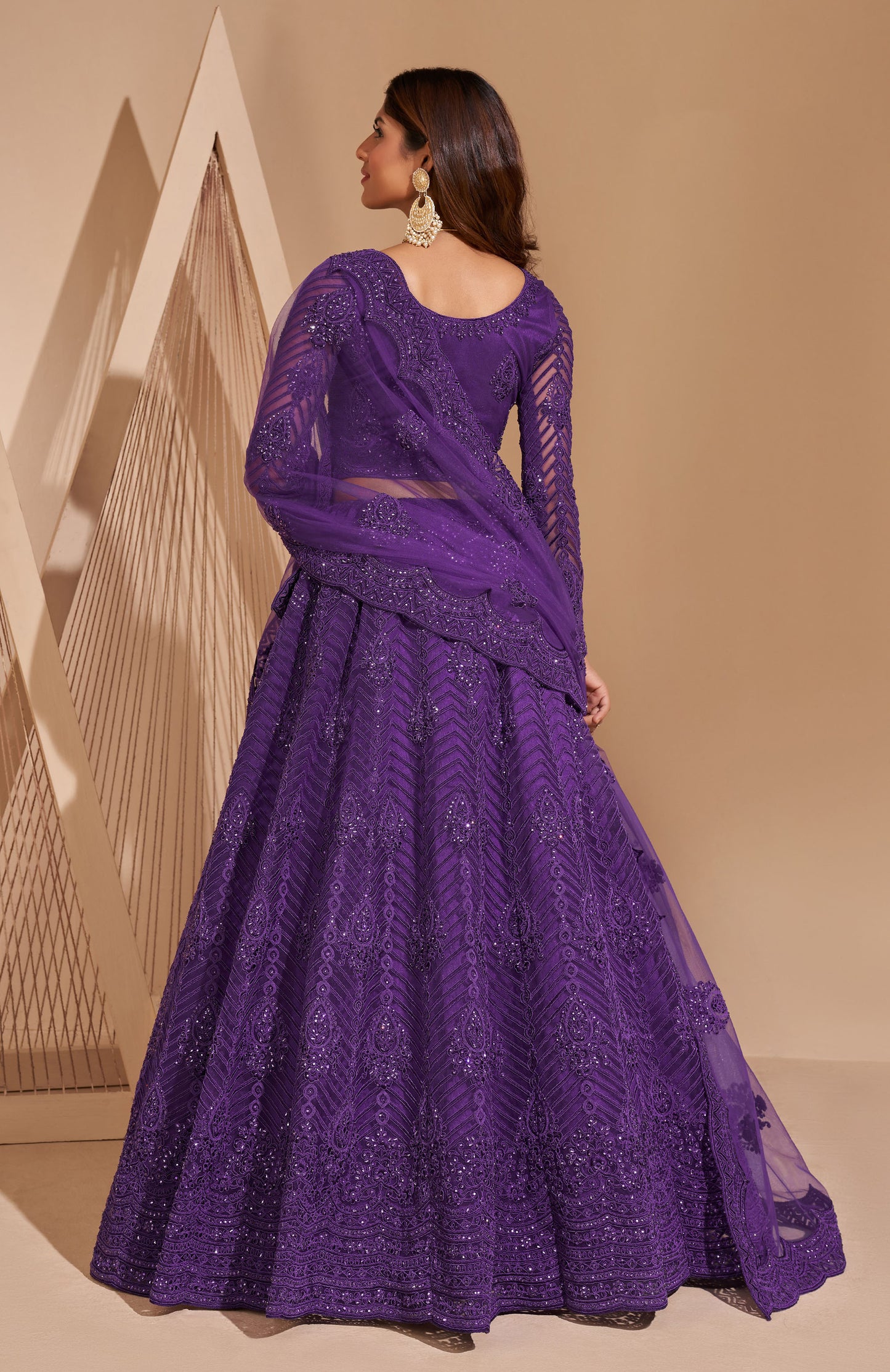 Purple Color Resham Embroidered Net Lehenga