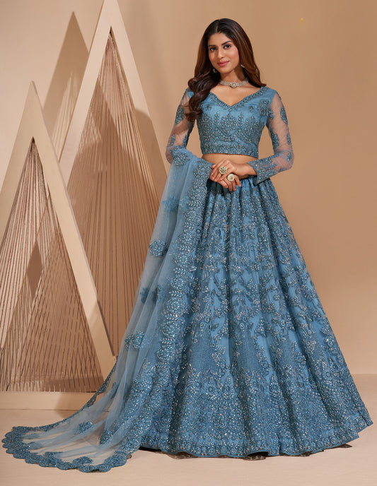 Blue Resham Embroidered Net Lehenga