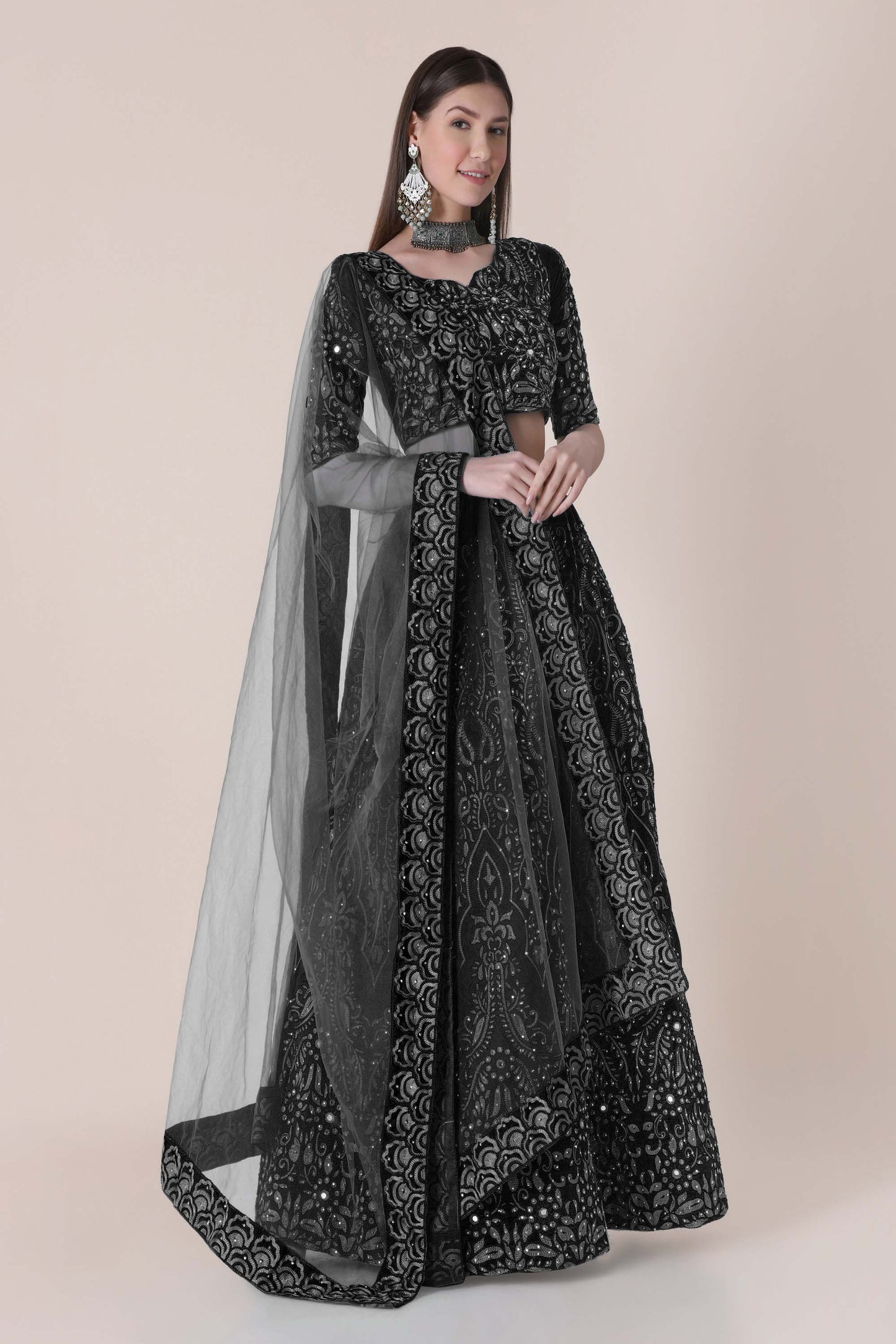 Black Color Embroidered Taffeta Silk Lehenga