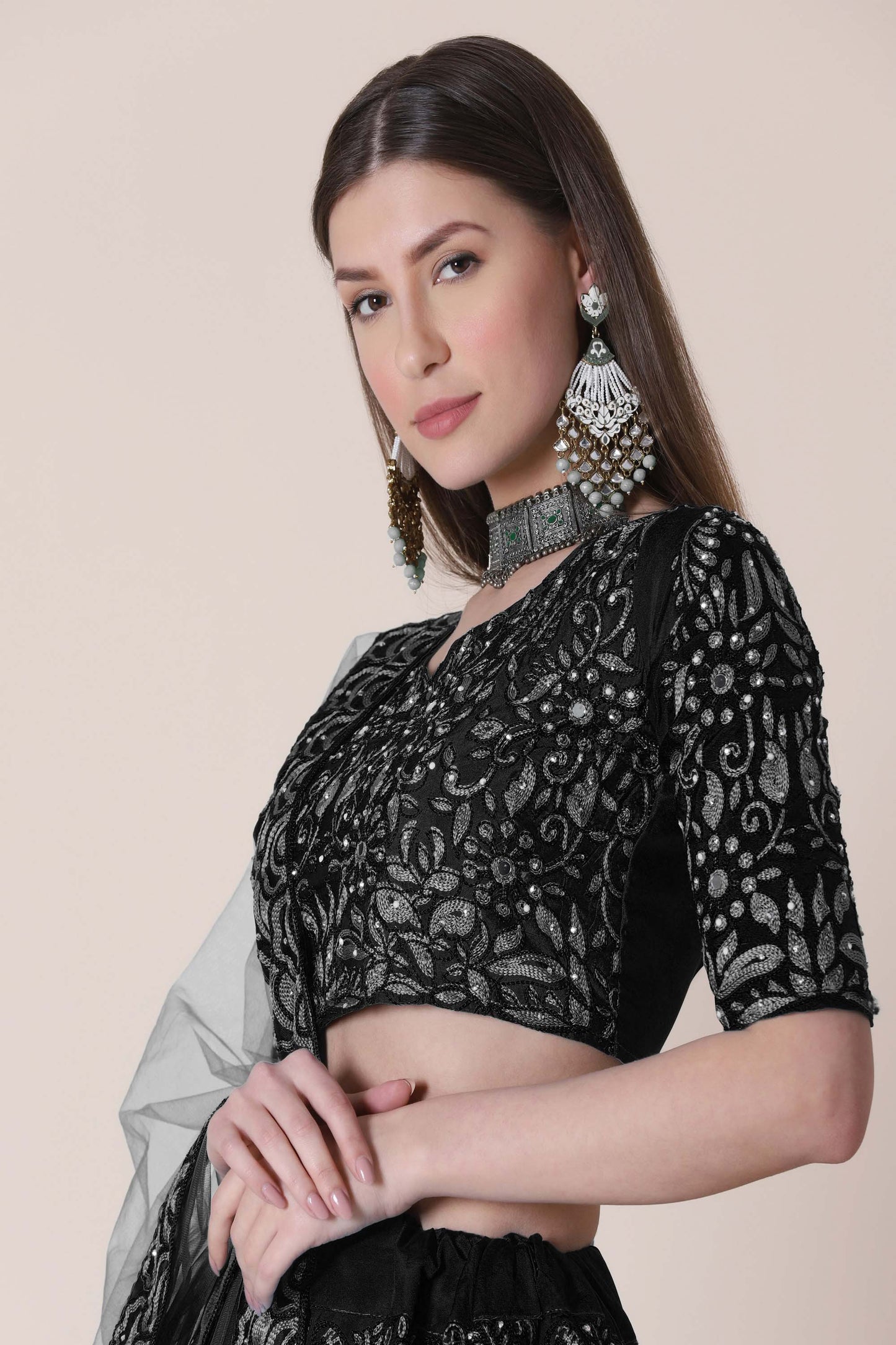 Black Color Embroidered Taffeta Silk Lehenga