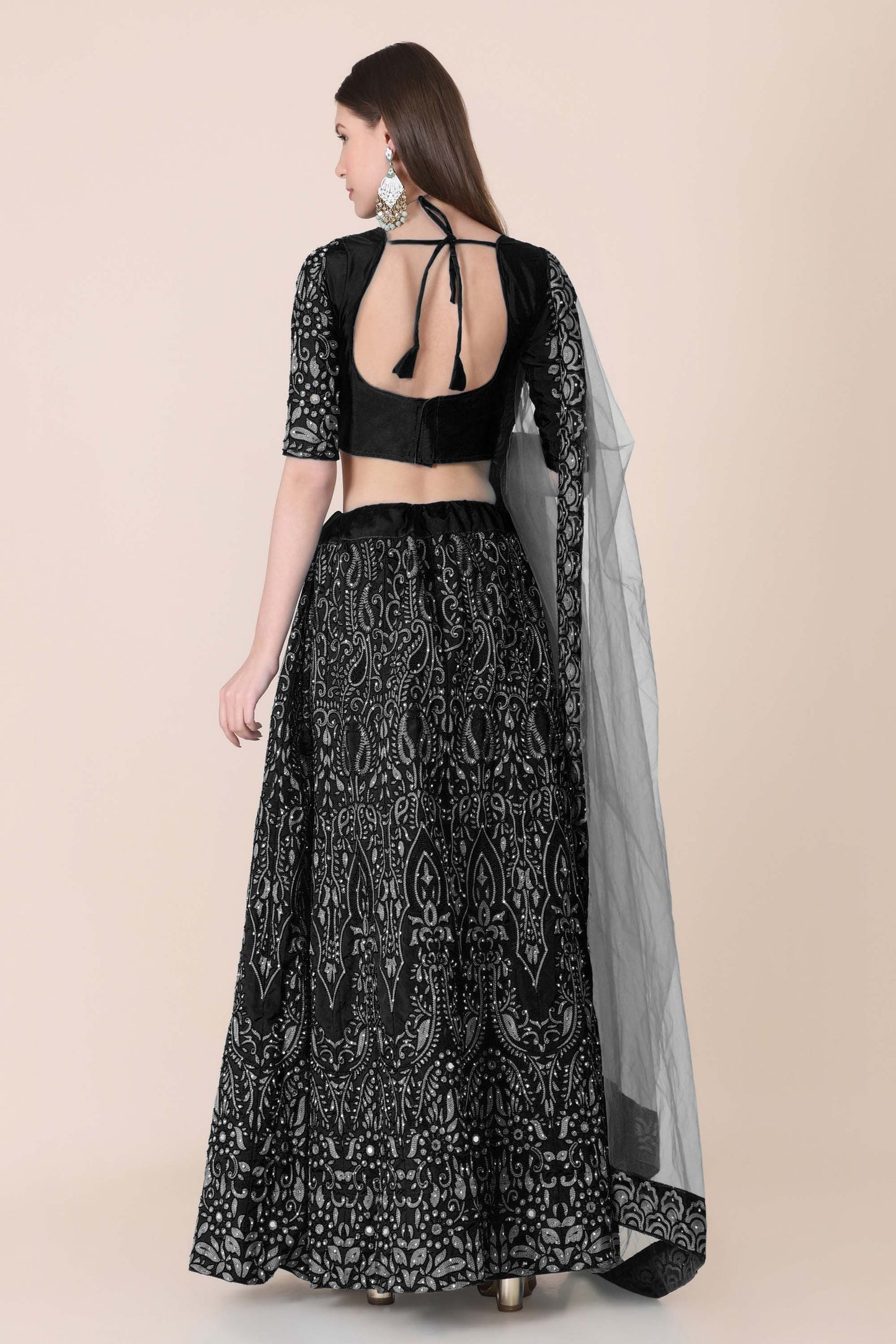 Black Color Embroidered Taffeta Silk Lehenga