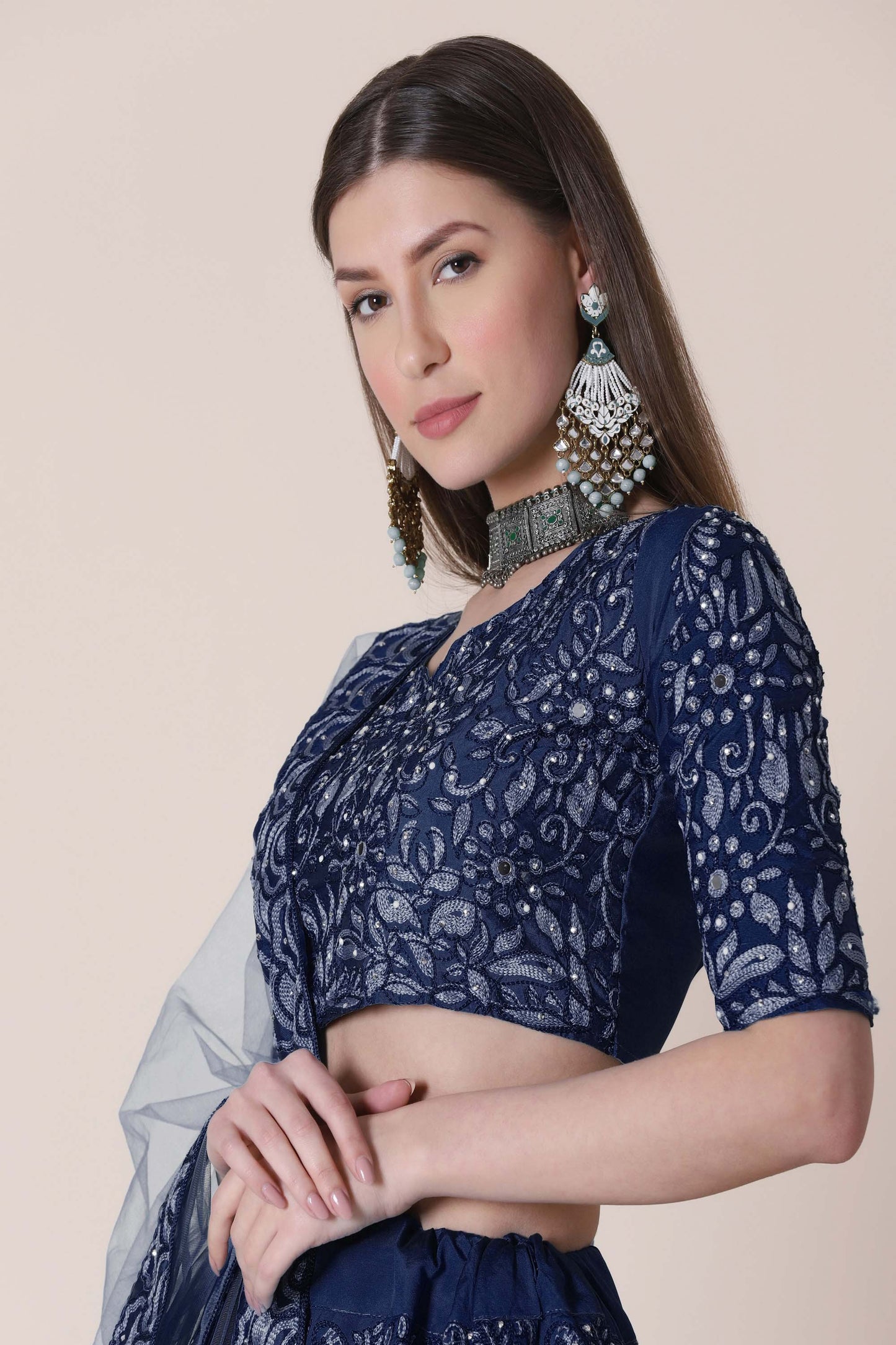 Blue Color Embroidered Taffeta Silk Lehenga