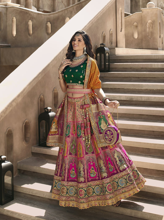Dark Pink and Green Color Zari Embroidered Bridal LehengaDark Pink and Green Color Zari Embroidered Bridal Lehenga