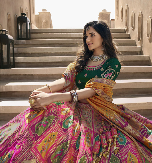Dark Pink and Green Color Zari Embroidered Bridal Lehenga