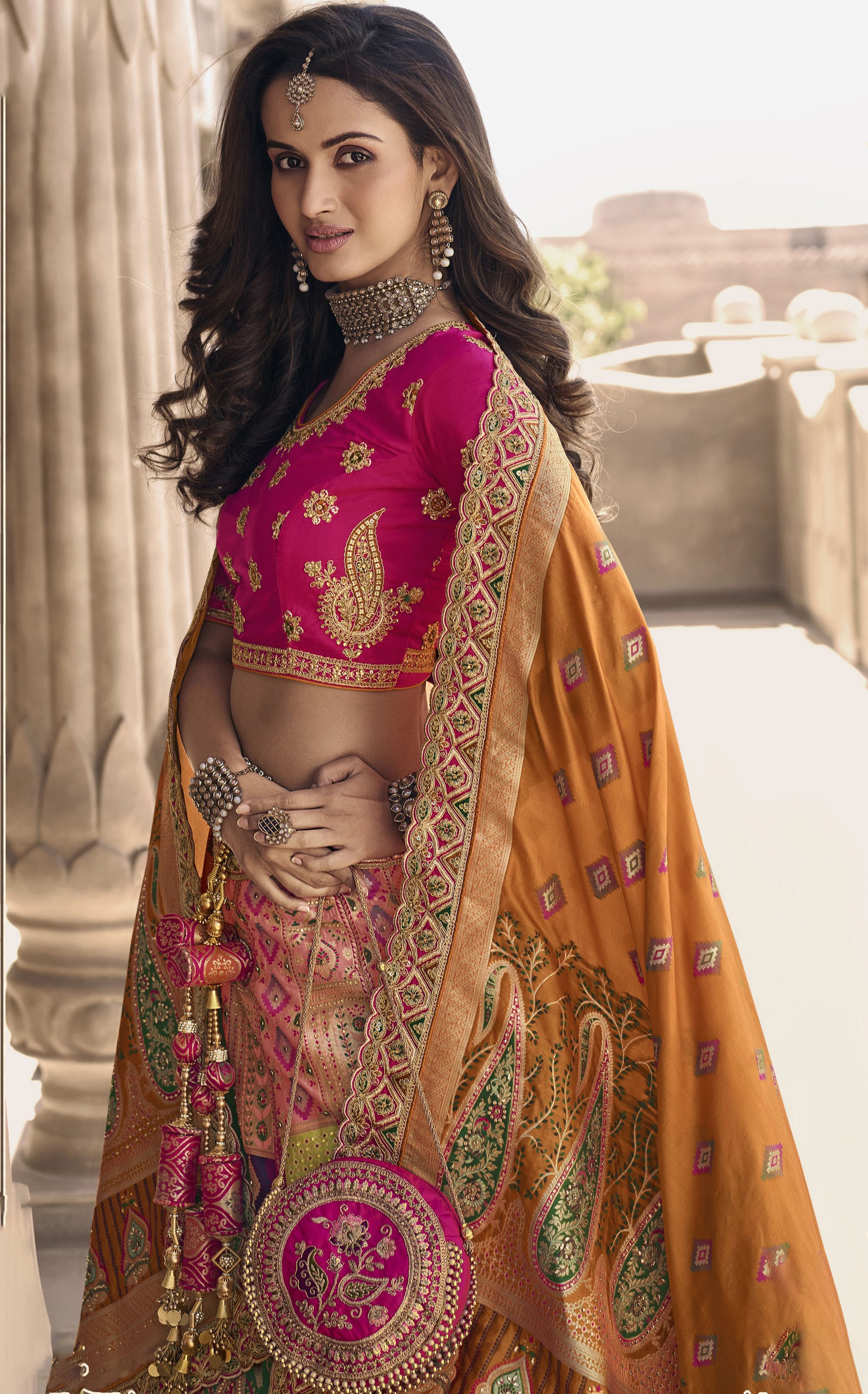 Multi and Pink Color Zari Embroidered Bridal Lehenga