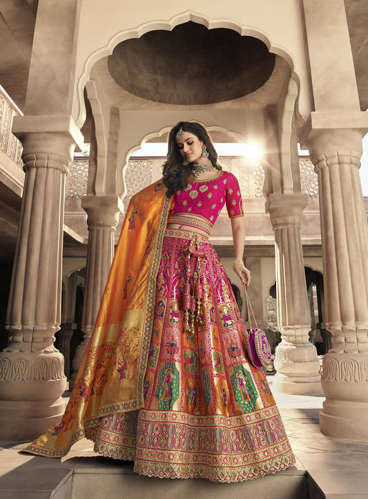 Pink And Orange Embroidery Bridal Lehenga Choli