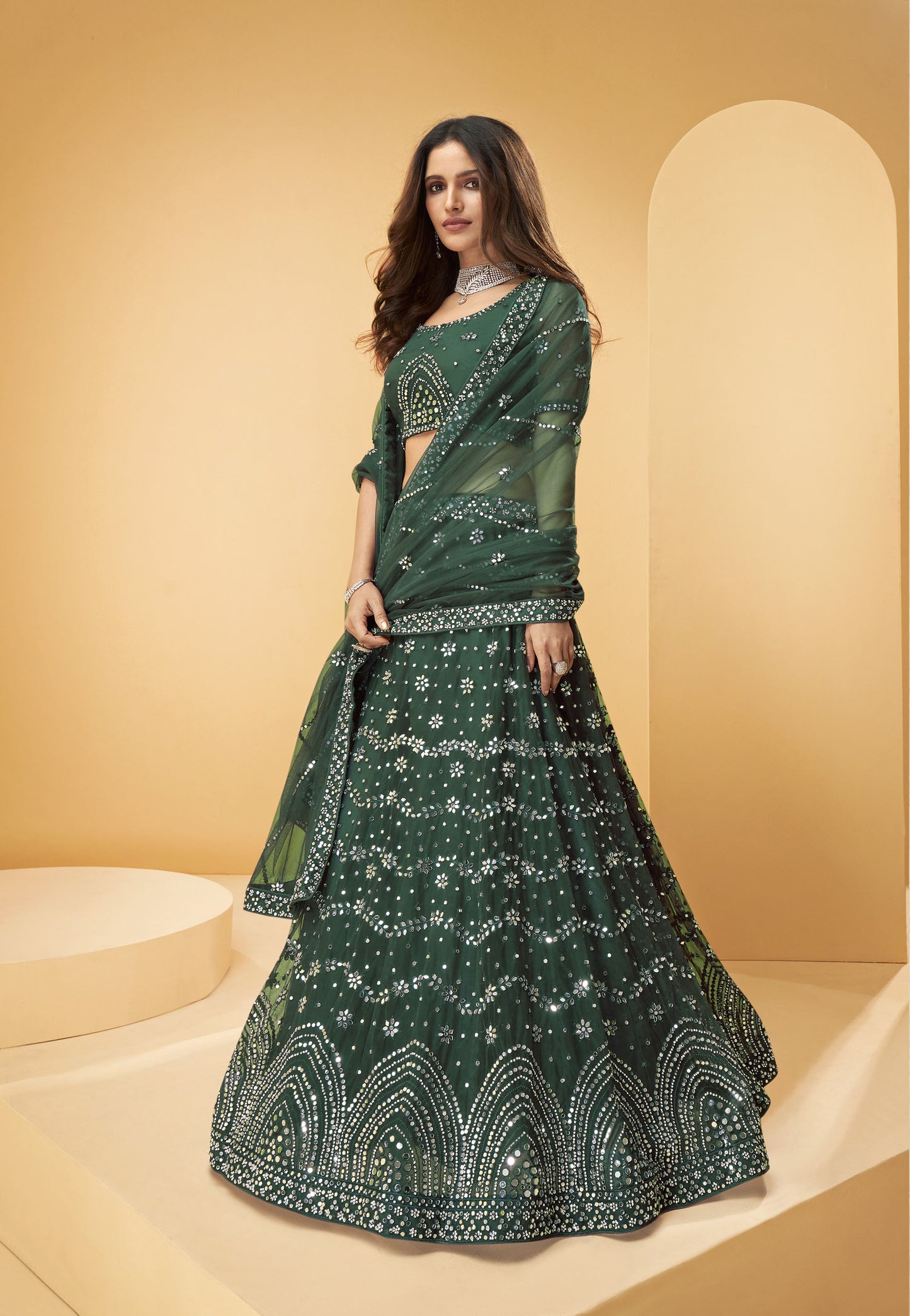 Green Color Mirror Embroidered Net Lehenga