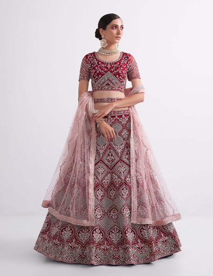 Red Color Embroidered Net Bridal Wear Lehenga Choli