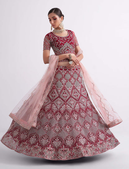 Red Color Embroidered Net Bridal Wear Lehenga Choli