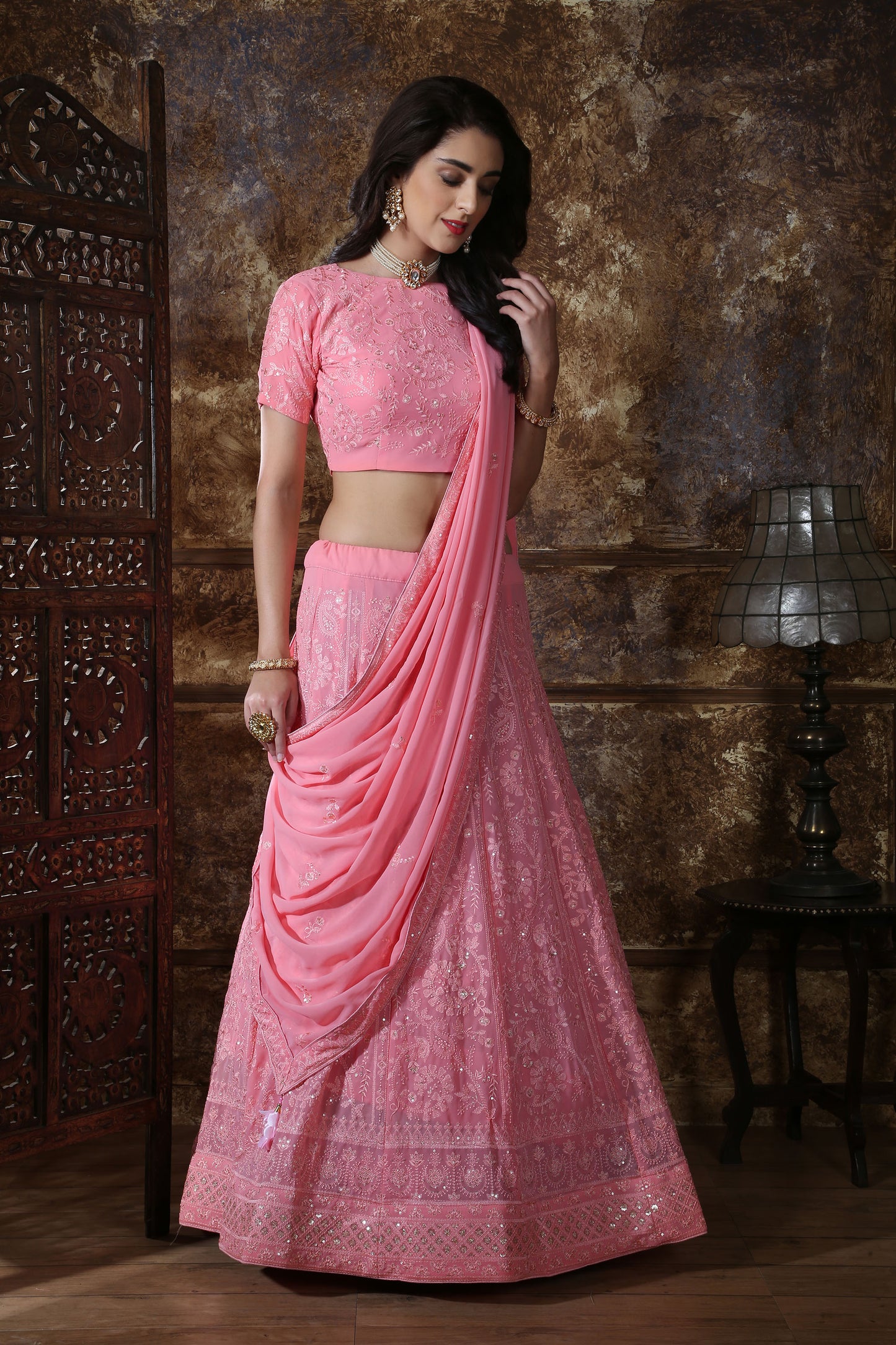 Pink Georgette Embroidery Lehenga for Sangeet 1086