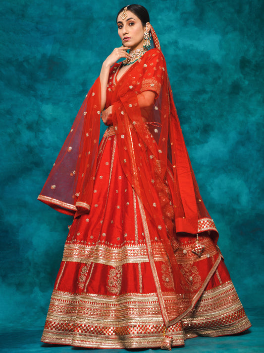 Red Designer Raw Silk Embroidered Bridal Lehenga