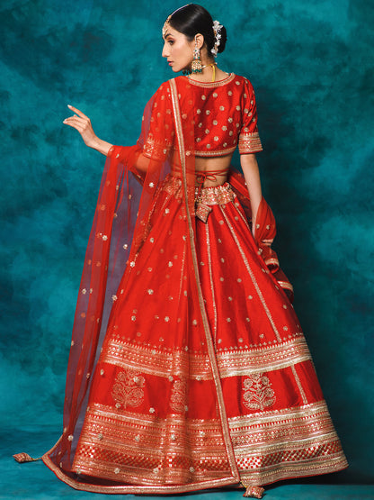 Red Designer Raw Silk Embroidered Bridal Lehenga