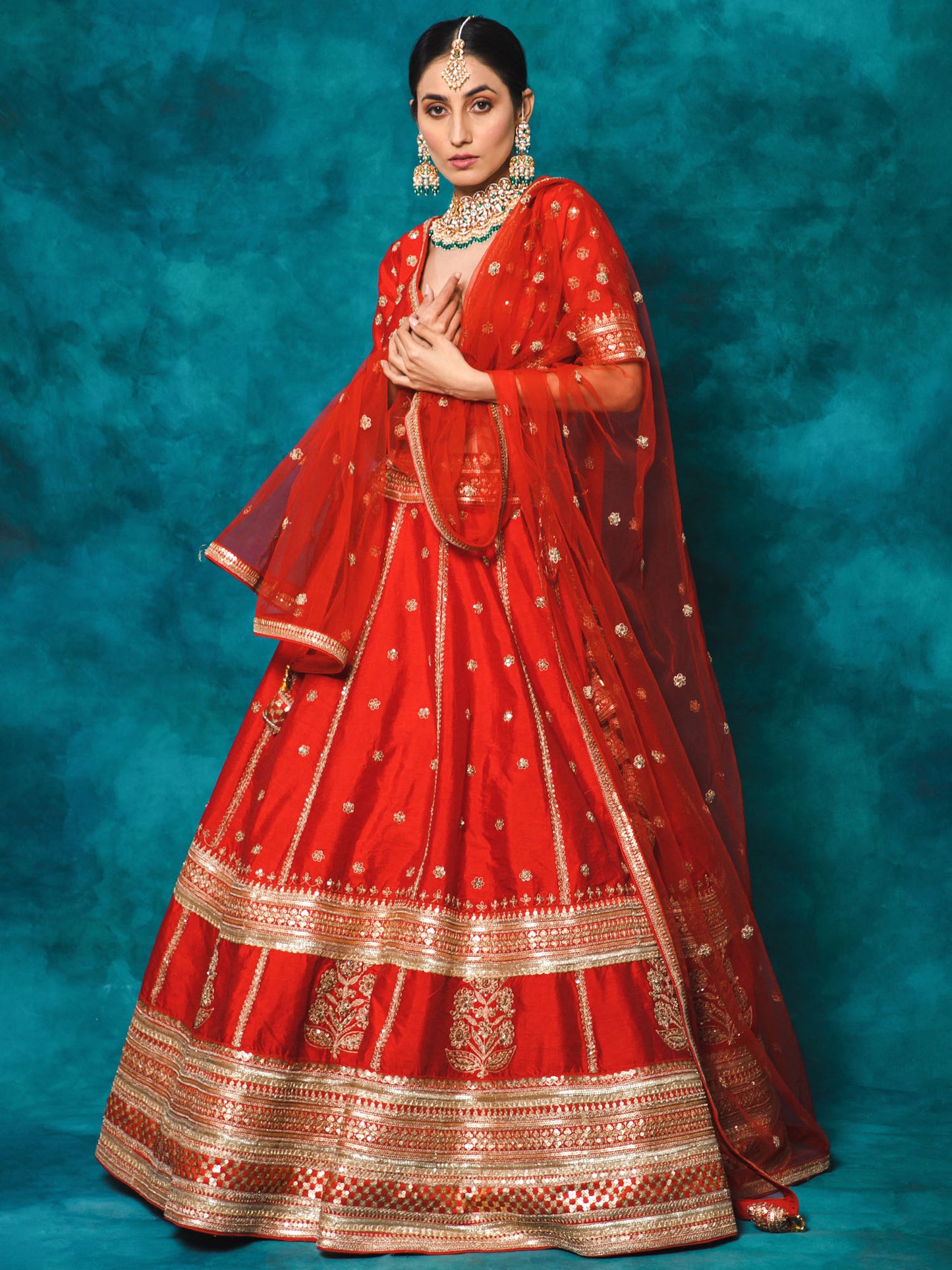 Red Designer Raw Silk Embroidered Bridal Lehenga