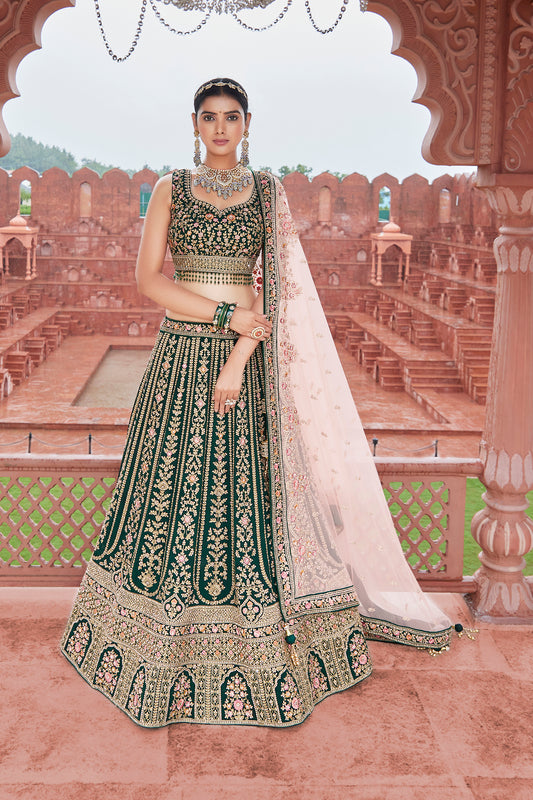 Dark Green Heavy Embroidered Silk Lehenga Choli