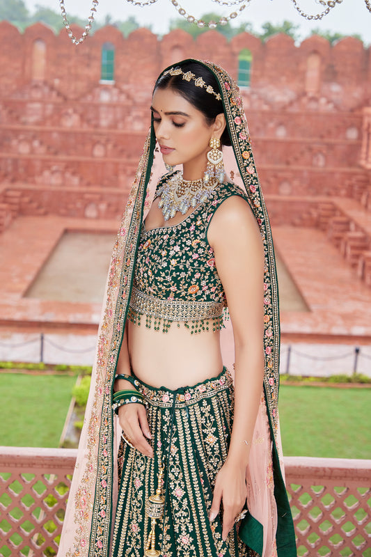 Dark Green Heavy Embroidered Silk Lehenga Choli