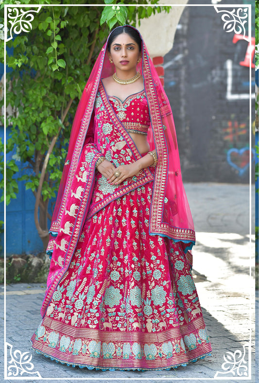 Pink Color Zari Velvet Bridal Lehenga Choli