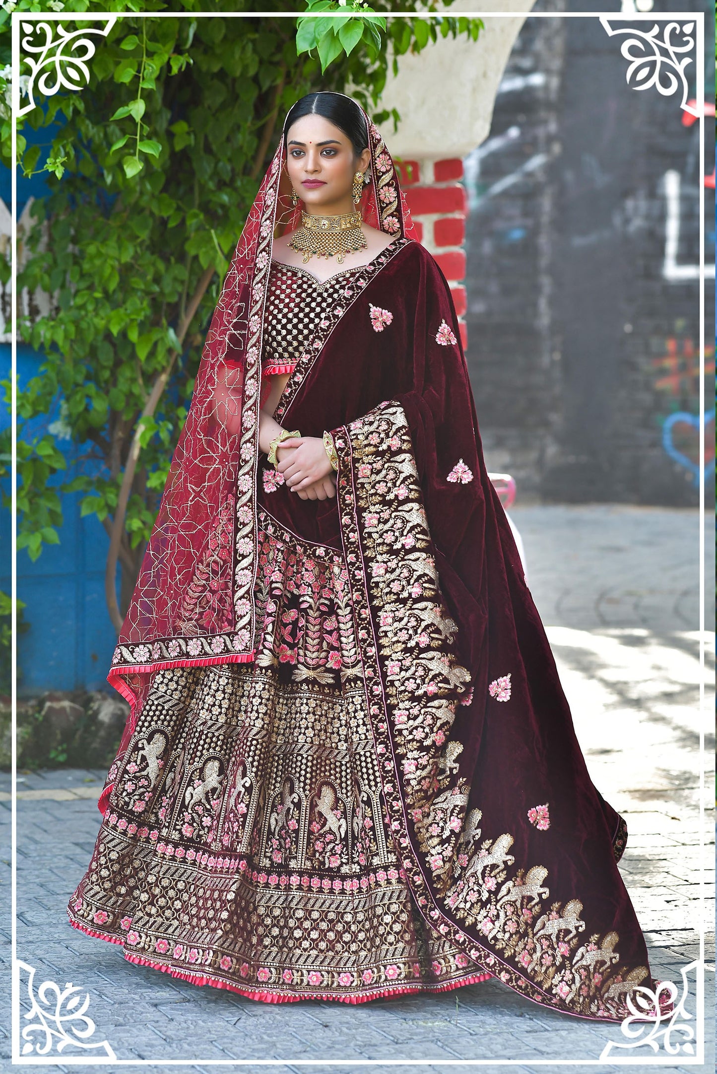 Maroon Color Zari Velvet Bridal Lehenga Choli