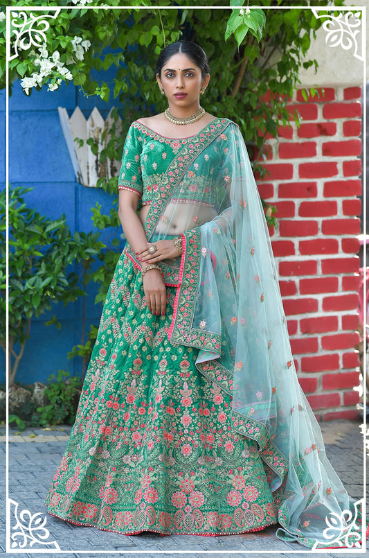 Light Green Color Zari Velvet Bridal Lehenga Choli