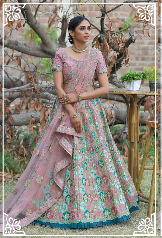 Pink Pashmina Silk Zari Embroidery Bridal Lehenga
