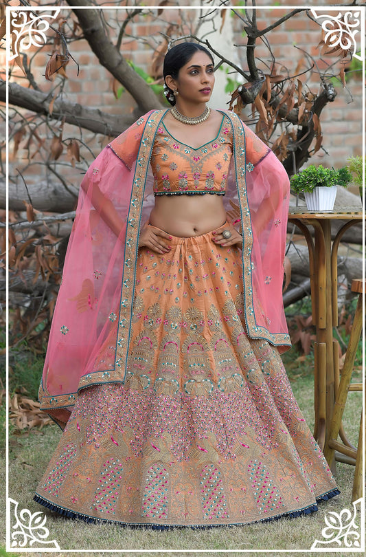Pink & Orange Pashmina Silk Zari Embroidery Bridal Lehenga