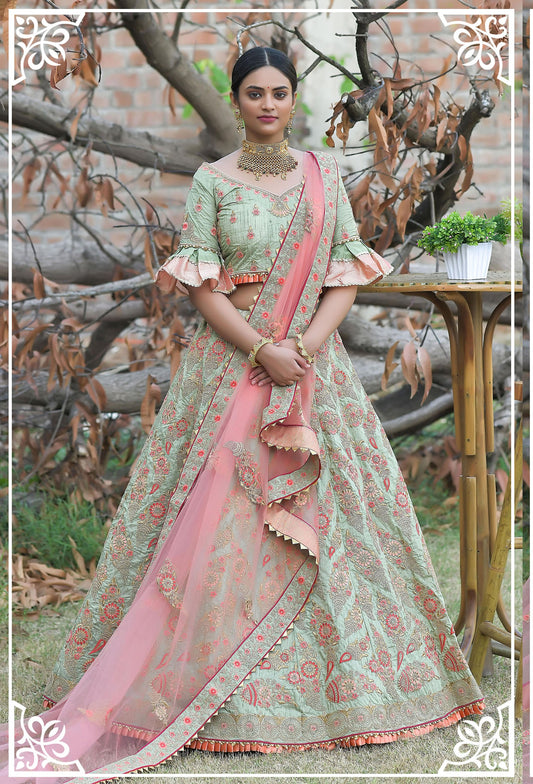 Pista Green Pashmina Silk Zari Embroidery Bridal Lehenga