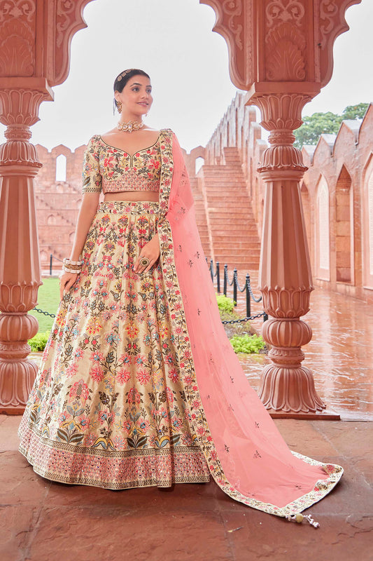 Beige Intricately Silk Embroidered Lehenga