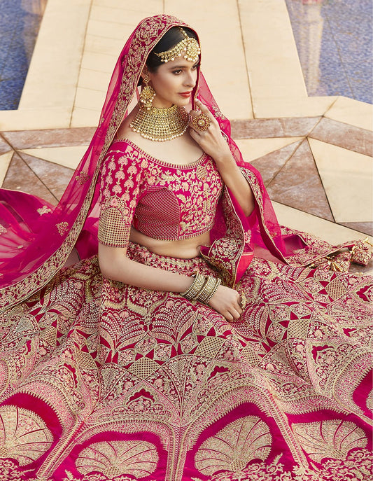 Ruby Pink Bridal Embroidered Velvet Lehenga Choli