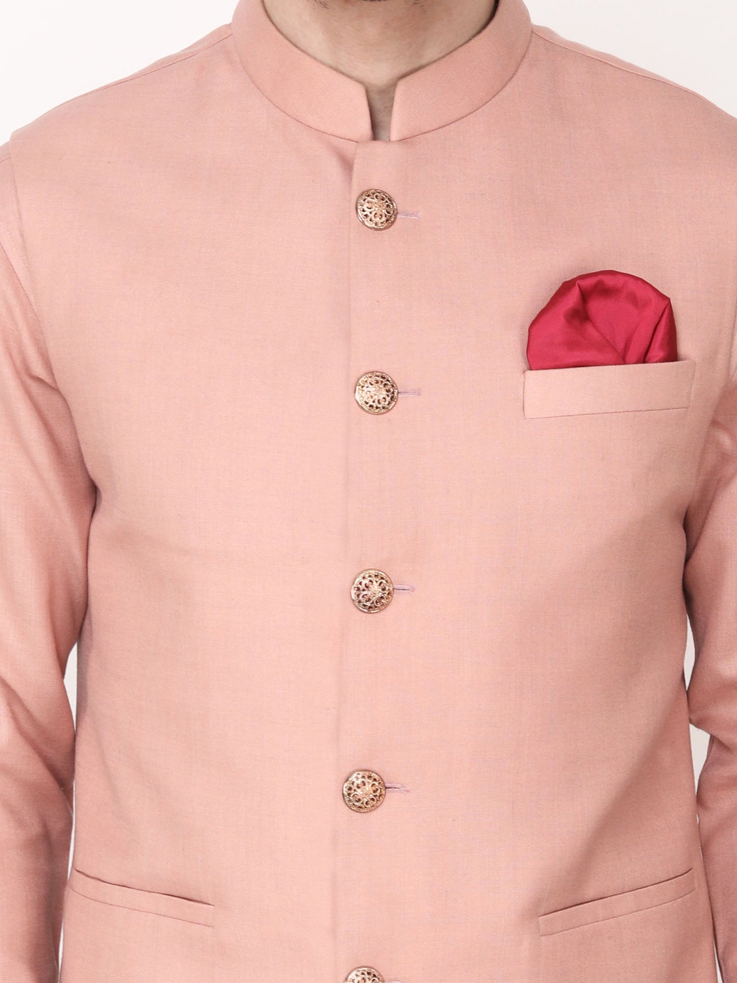 Resham Embroidered Peach Nehru Jacket with Kurta Pants