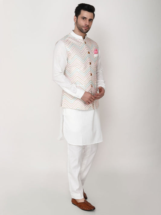 White Art Silk Nehru Jacket with Ruby Silk Kurta Pants-Plus