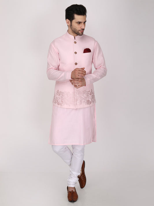 Resham Embroidered Pink Nehru Jacket with Kurta Churidaar