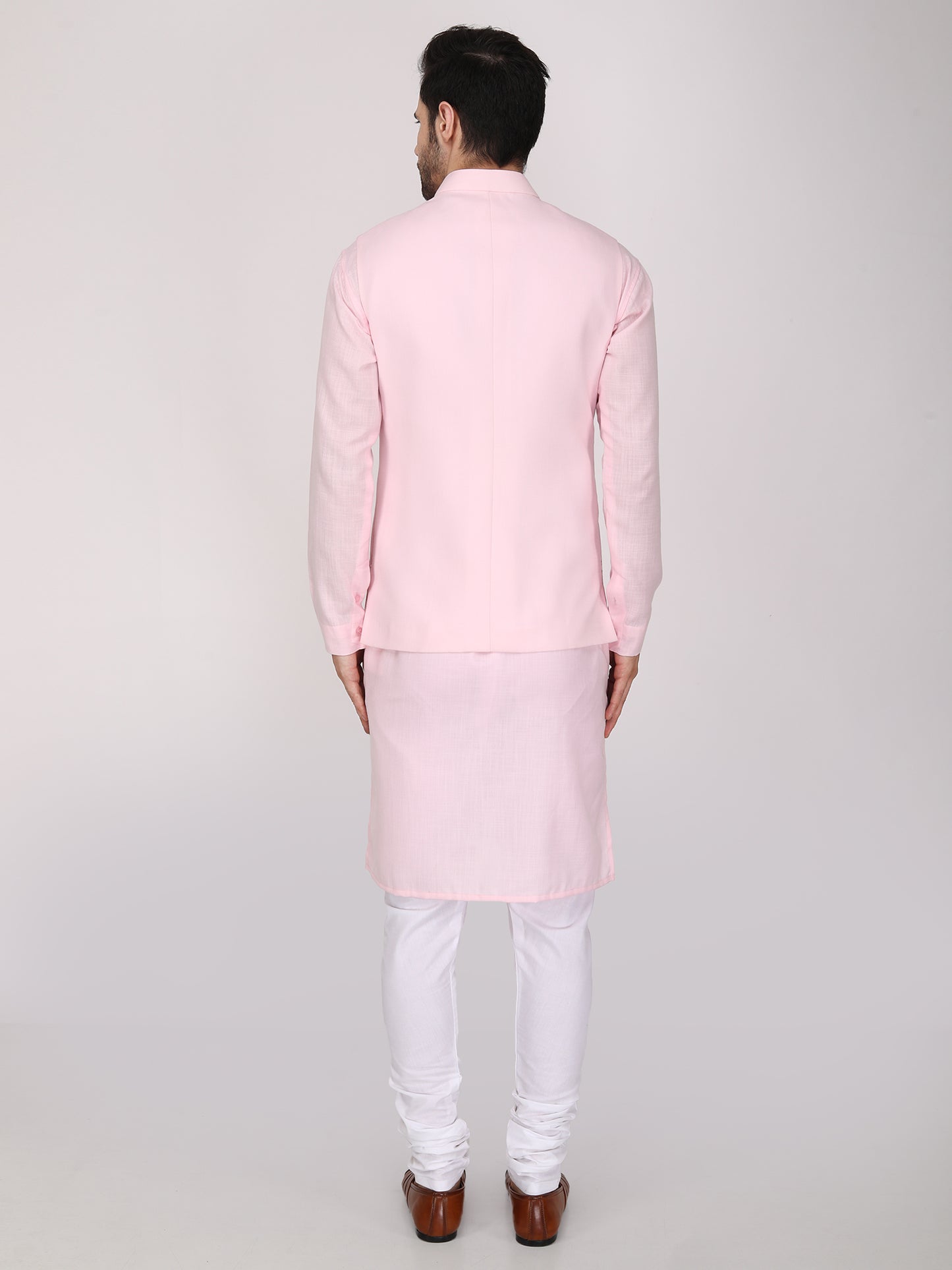 Resham Embroidered Pink Nehru Jacket with Kurta Churidaar
