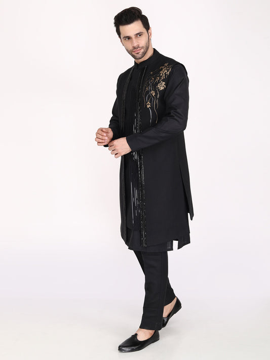 Black Ruby Silk Acrylic Bundi Jacket with Kurta Pants- Plus