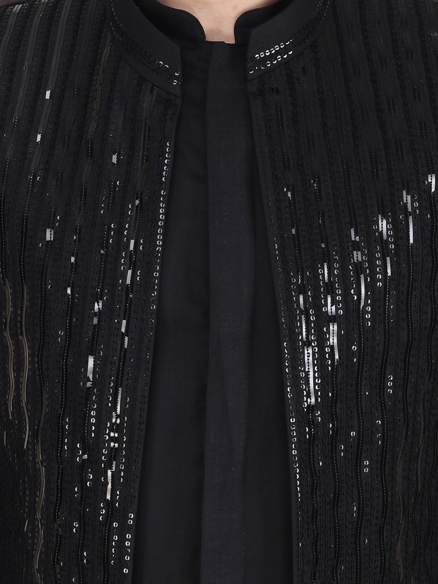 Black Ruby Silk Long line Bundi Jacket with Kurta Pants