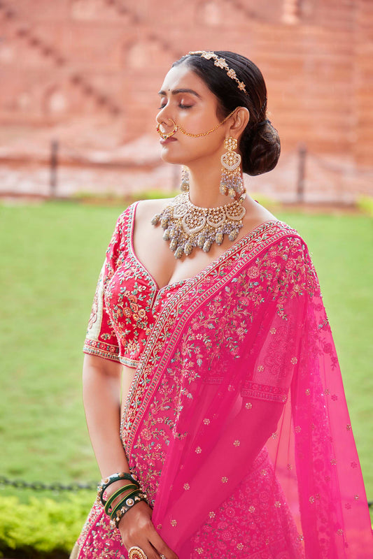 Pink Designer Silk Embroidered Bridal Lehenga