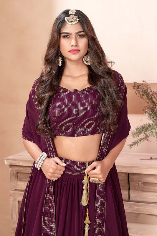 Purple Color Faux Georgette Sequins Lehenga