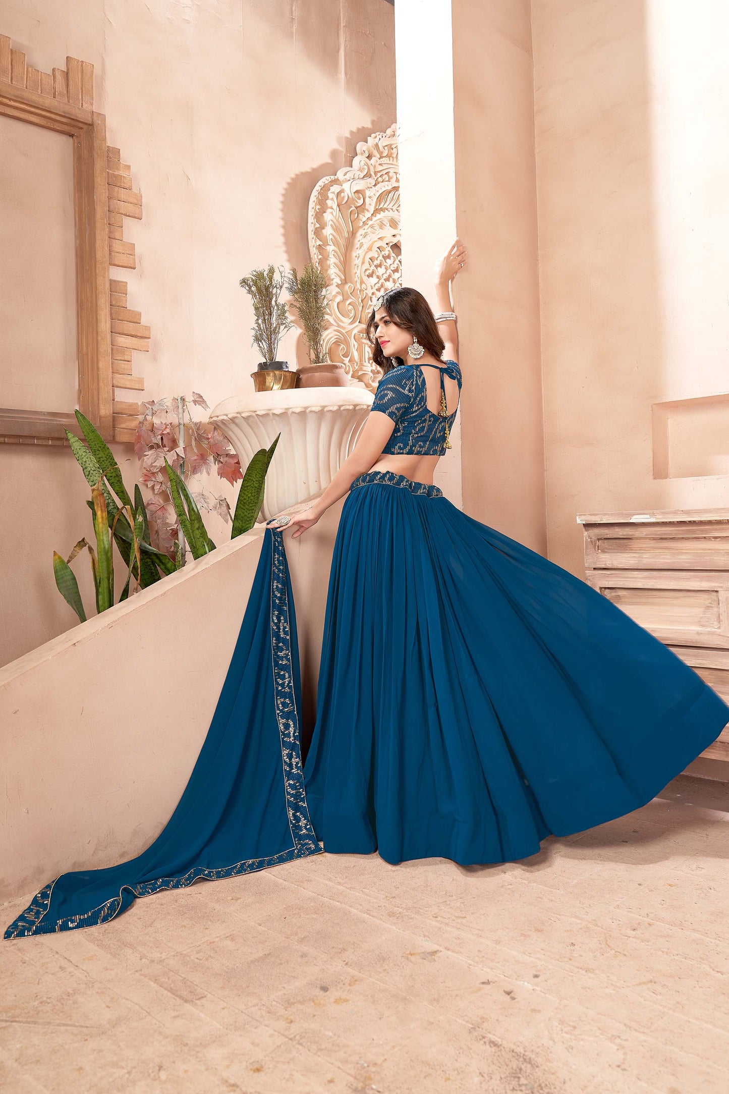 Blue Color Georgette Sequins Lehenga for Wedding Guest 1303