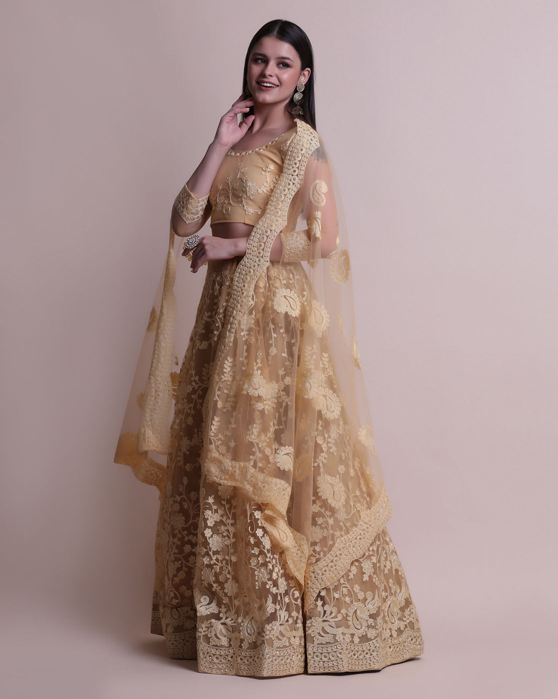 Cream Color Embroidered Net Lehenga