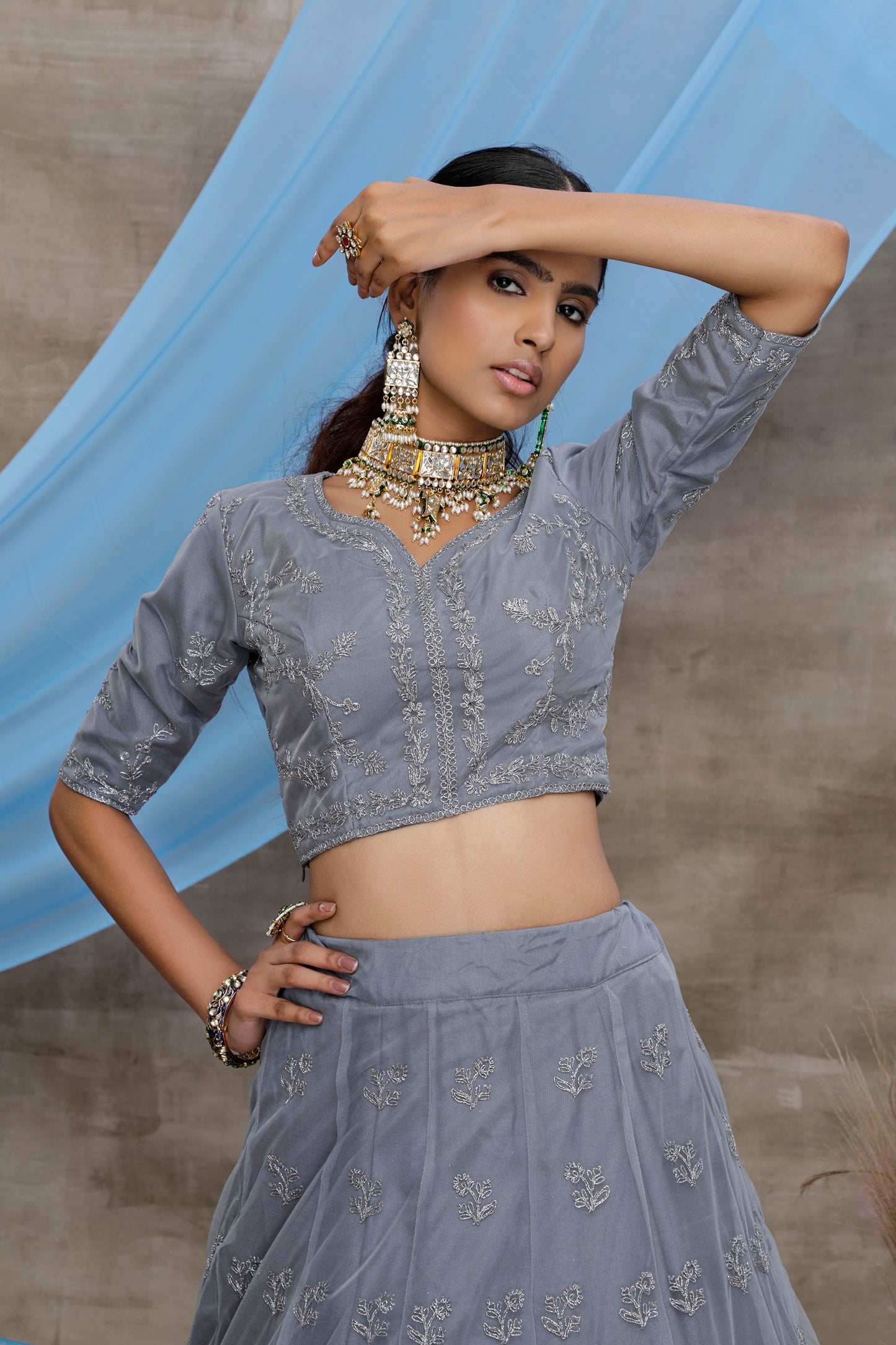 Grey Color Sequence Embroidery Net Lehenga