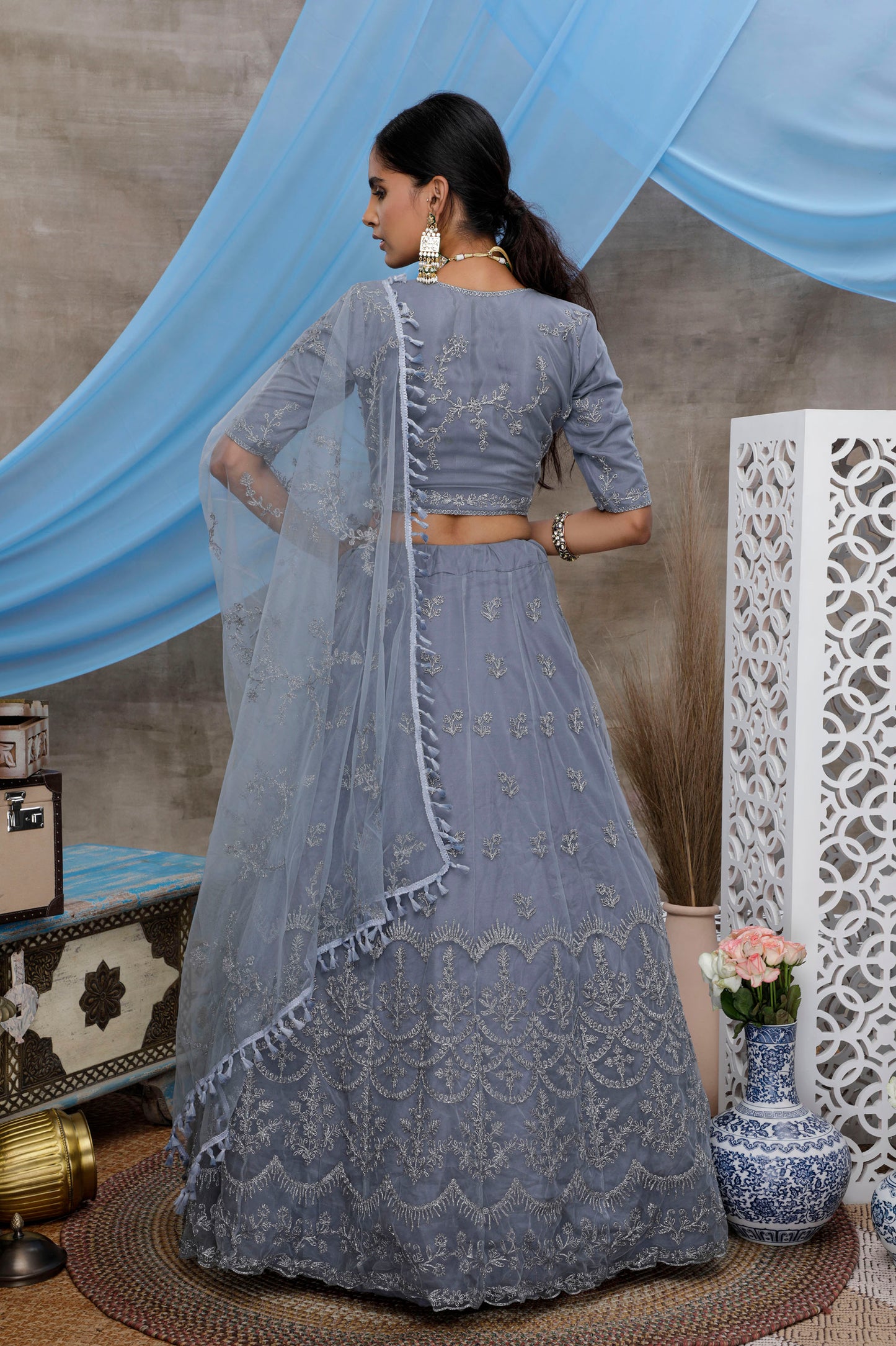 Grey Color Sequence Embroidery Net Lehenga