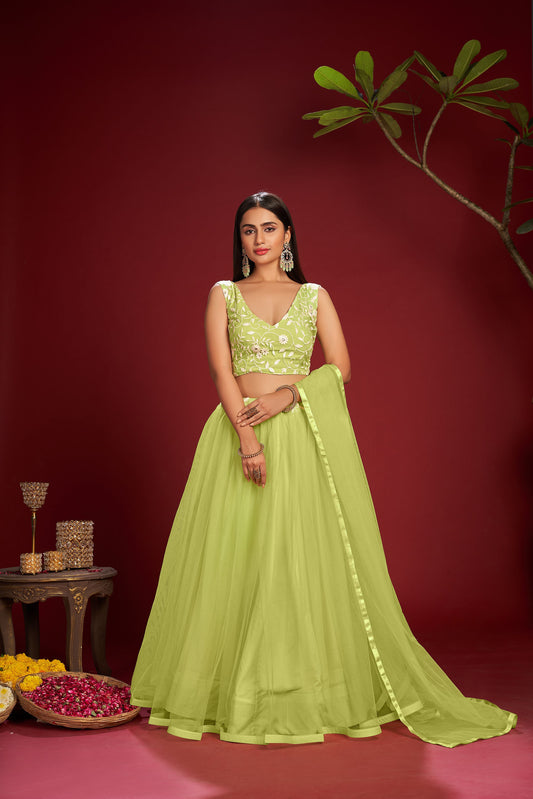 Light Green Color Embroidered Taffeta Silk Lehenga