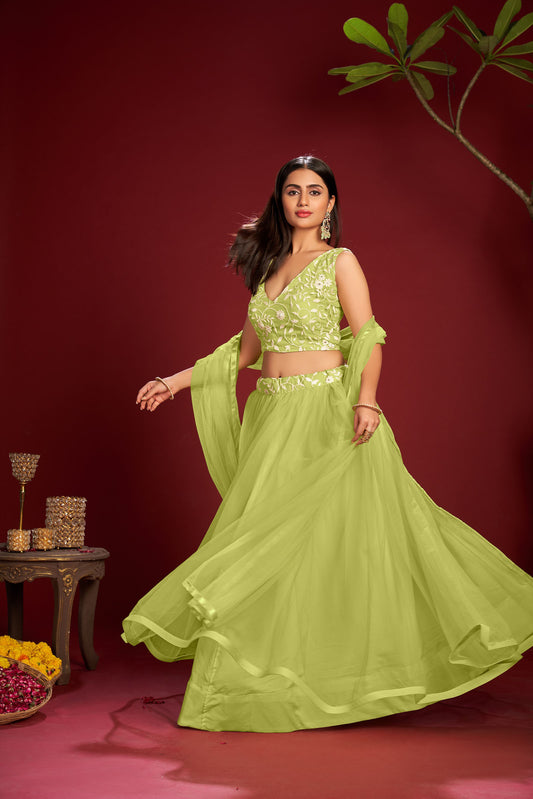Light Green Color Embroidered Taffeta Silk Lehenga