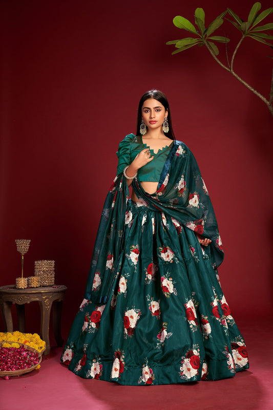 Green Color Embroidered Banglory Silk  Lehenga
