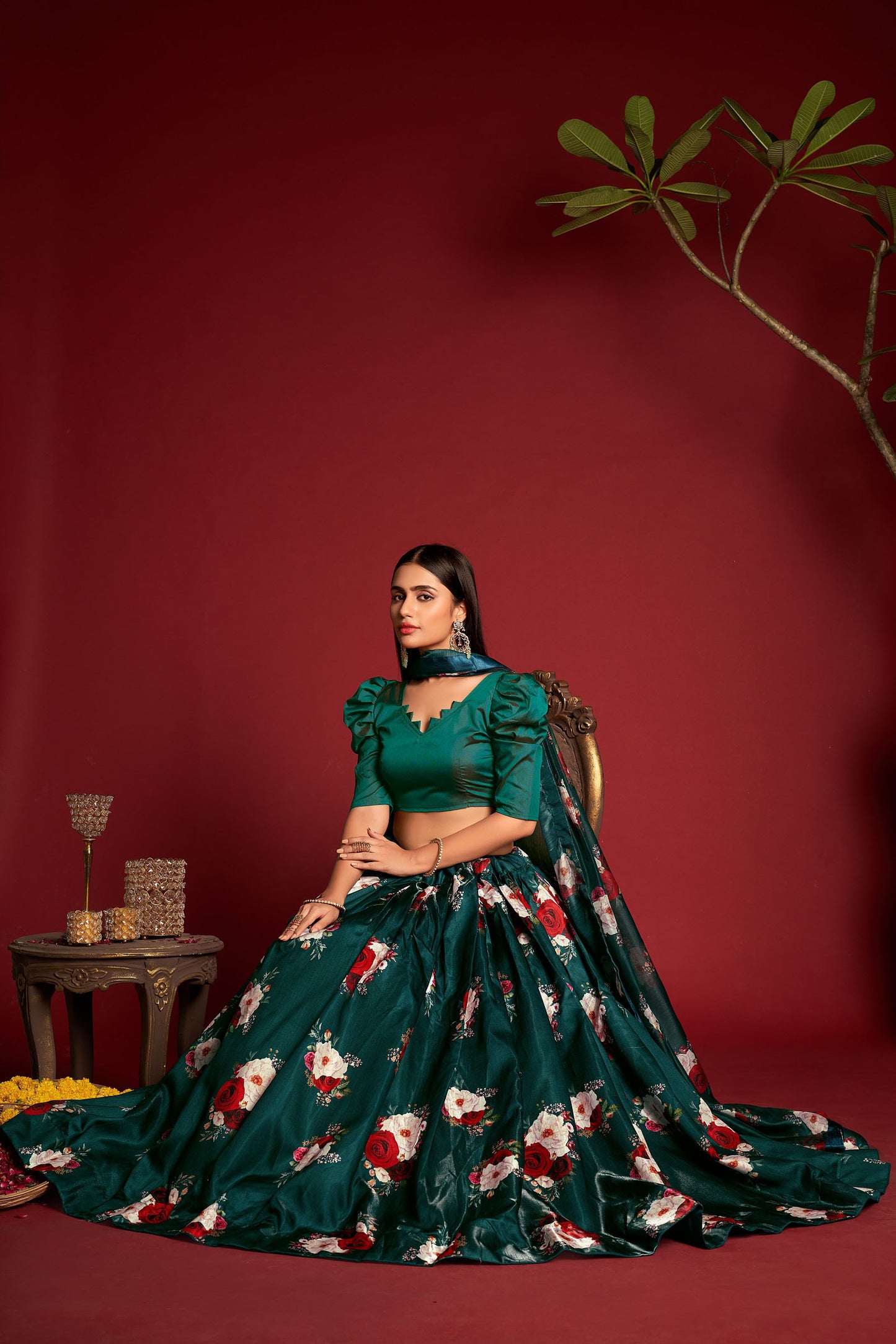Green Color Embroidered Banglory Silk  Lehenga