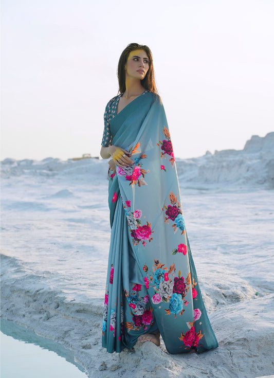 Blue Soft Silk Digital Printed Saree
