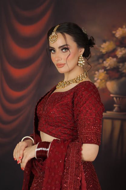 Designer Maroon Net Hand Embroidered Bridal Lehenga
