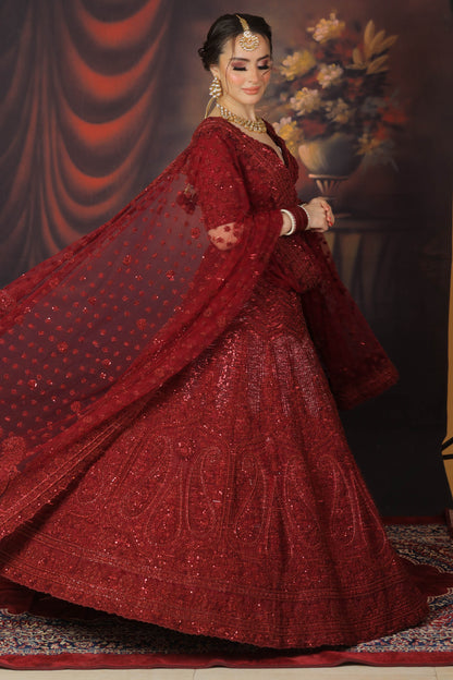 Designer Maroon Net Hand Embroidered Bridal Lehenga