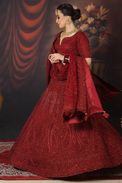 Designer Maroon Net Hand Embroidered Bridal Lehenga