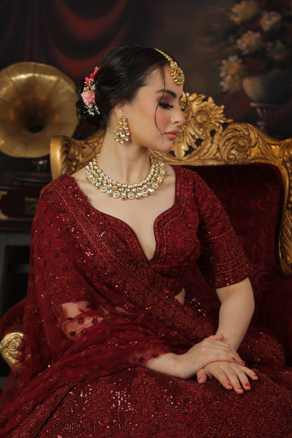 Designer Maroon Net Hand Embroidered Bridal Lehenga