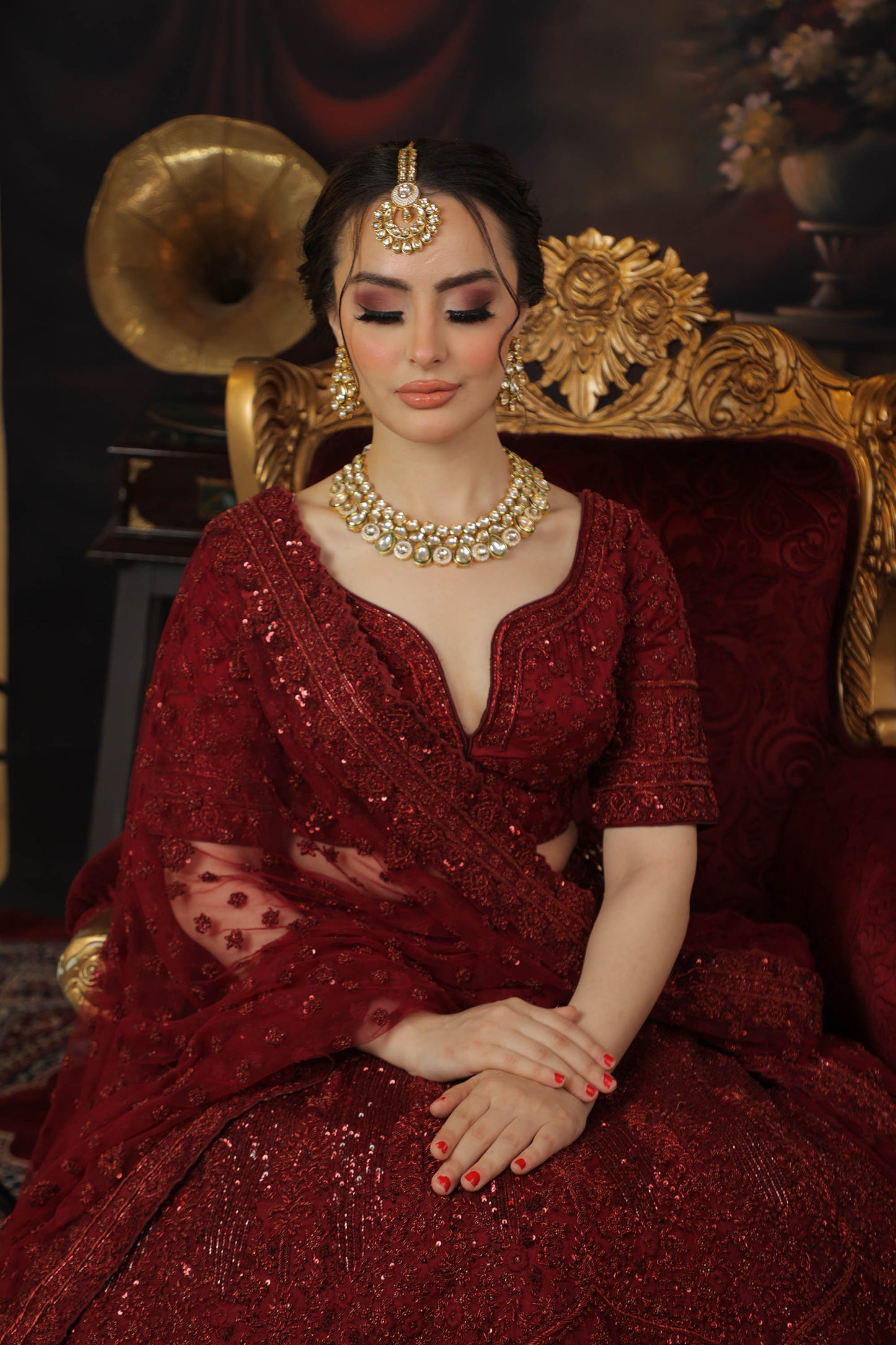 Designer Maroon Net Hand Embroidered Bridal Lehenga