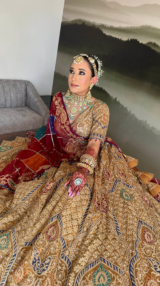 Designer Caramel and Red Net Embroidered Bridal Lehenga